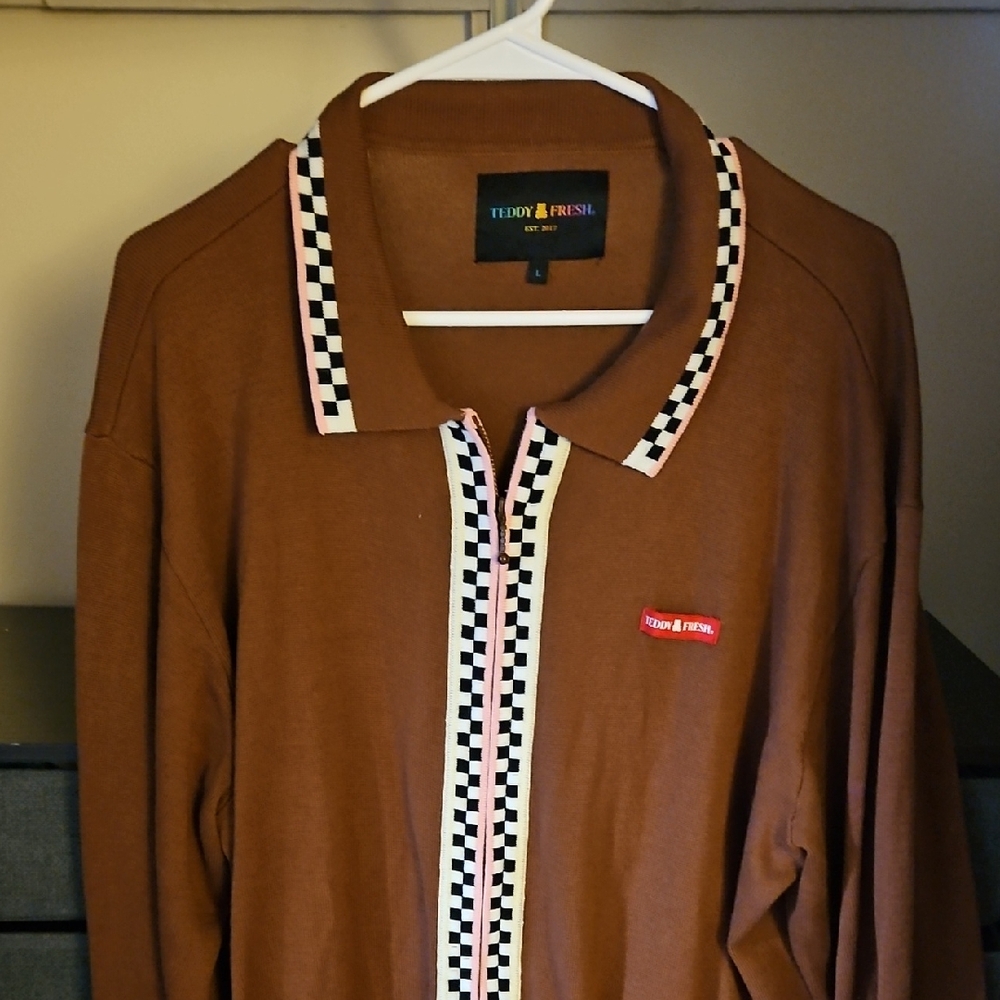 Teddy Fresh Brown Cardigan with Checkered Trim